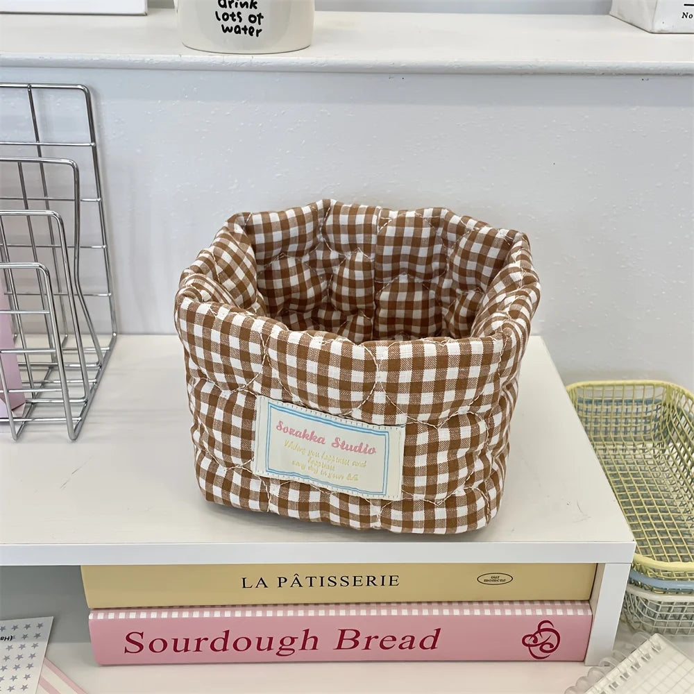 Foldable Plaid Quilted Desktop Storage Basket