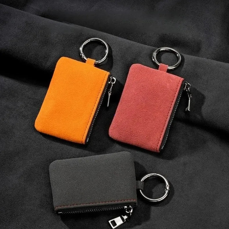 Portable Suede Leather Zippered Keychain Key Pouch Wallet