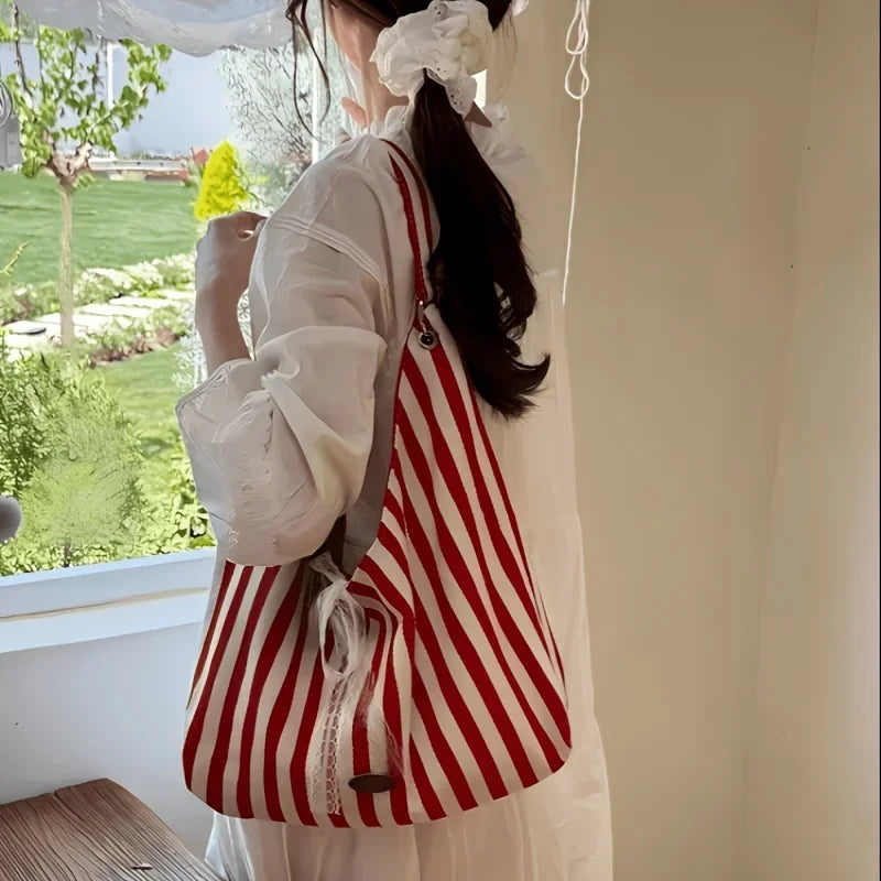 Double-Sided Reversible Tote Bag with Lace Bow - 12