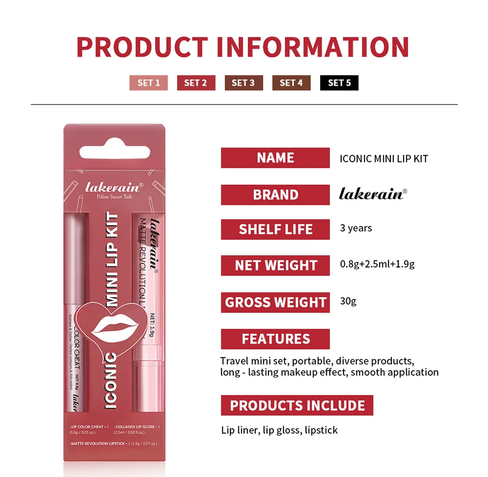 3-Piece Waterproof Matte Lipstick and Lip Liner Makeup Set - 16