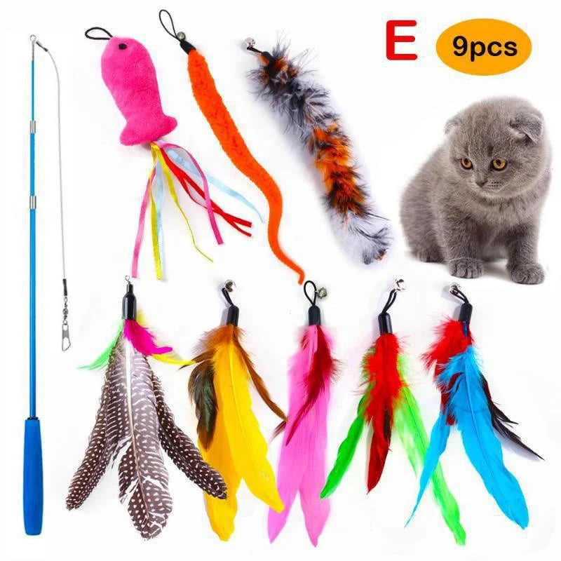 Interactive Cat Feather Toy Set with Telescopic Wand and 10 Attachments