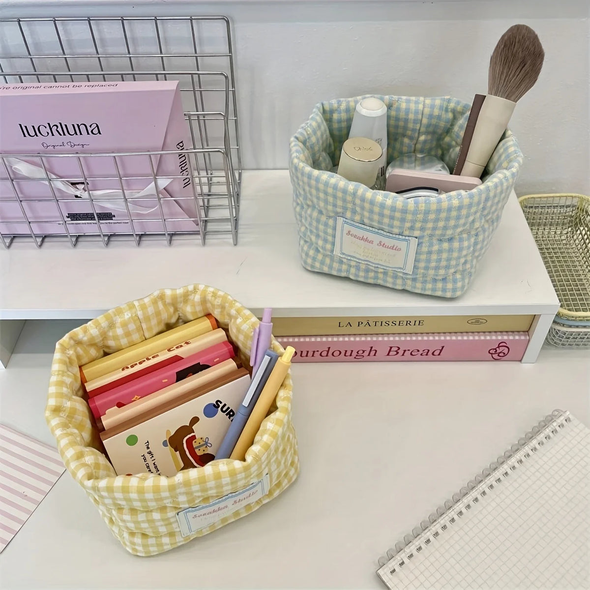 Foldable Plaid Quilted Desktop Storage Basket