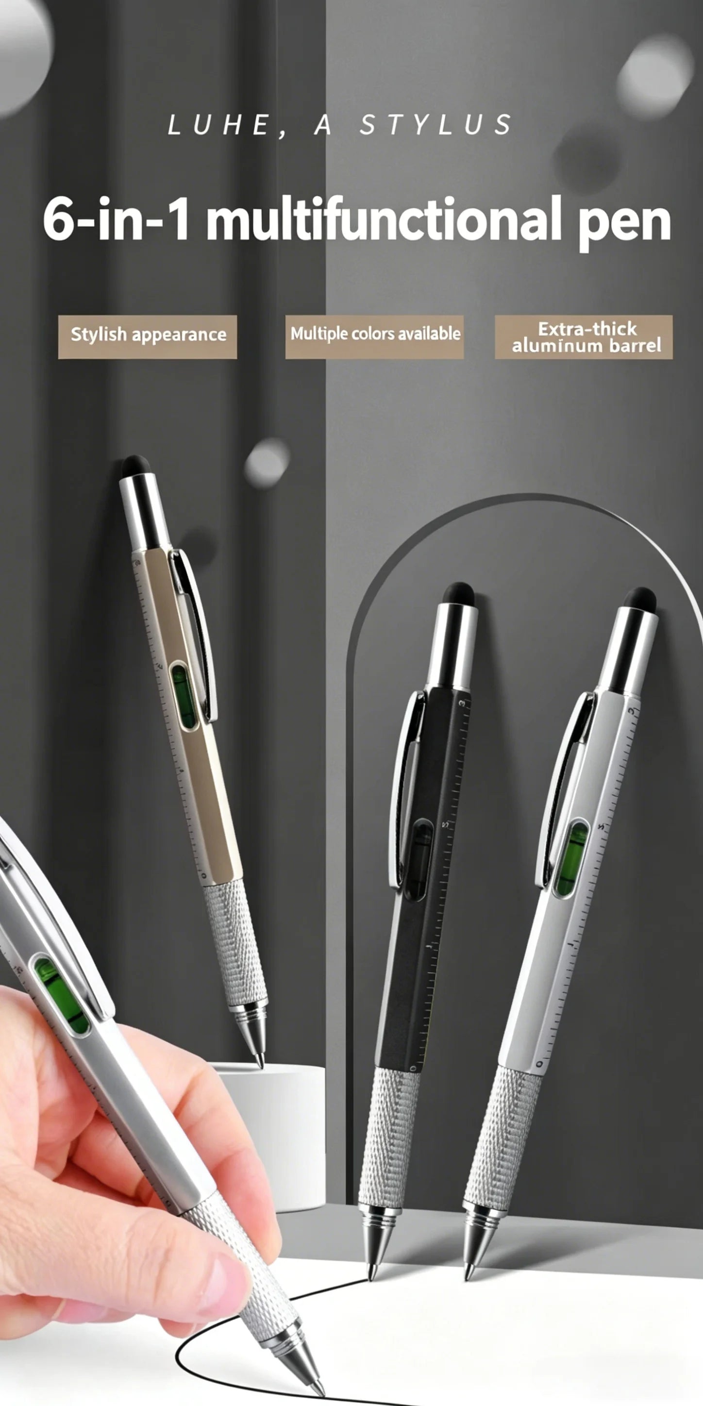7-in-1 Multifunctional Tool Pen with Stylus and Measuring Gauge - 8