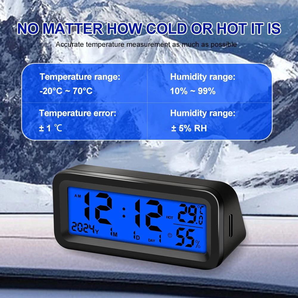 Solar Powered Digital Car Dashboard Clock with Temperature and Humidity