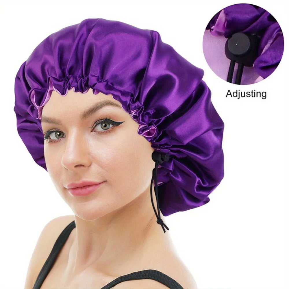 Double Layer Satin Sleep Bonnet Reversible Adjustable Hair Protection Cap - 2