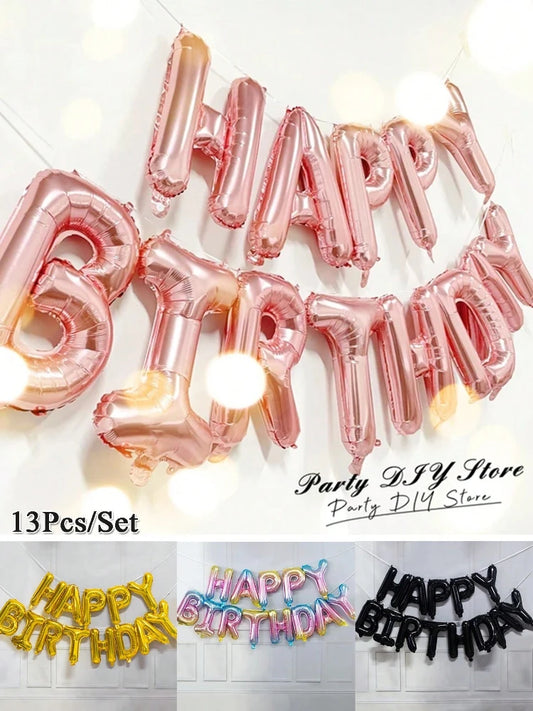 13Pc Rose Gold Happy Birthday Balloon Set Party Decoration Banner