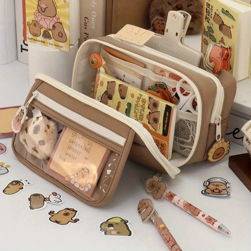 Large Capacity Capybara Multi-Layer Stationery and Makeup Bag