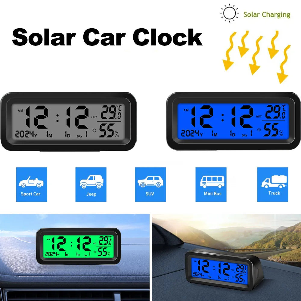 Solar Powered Digital Car Dashboard Clock with Temperature and Humidity