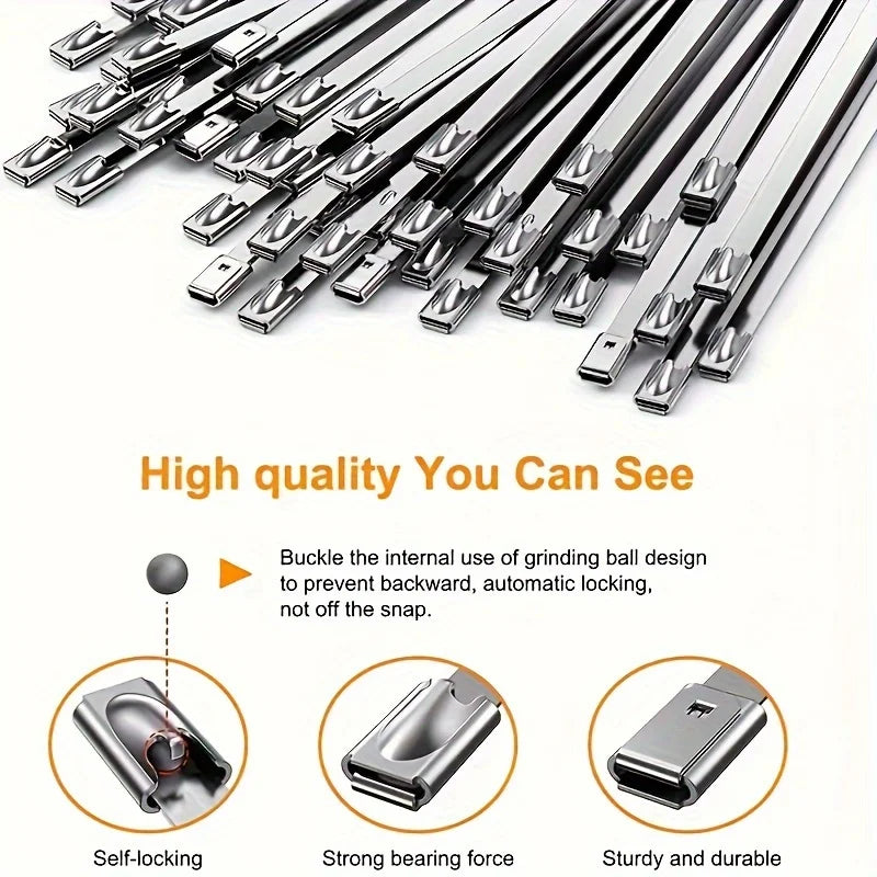 100Pcs Stainless Steel Self Locking Cable Ties Heavy Duty Zip Tie Wrap