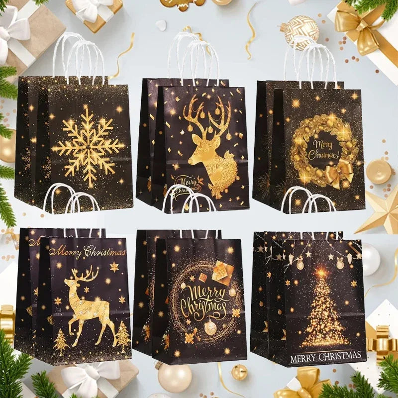 Decorative Holiday Kraft Paper Gift Bags with Handles