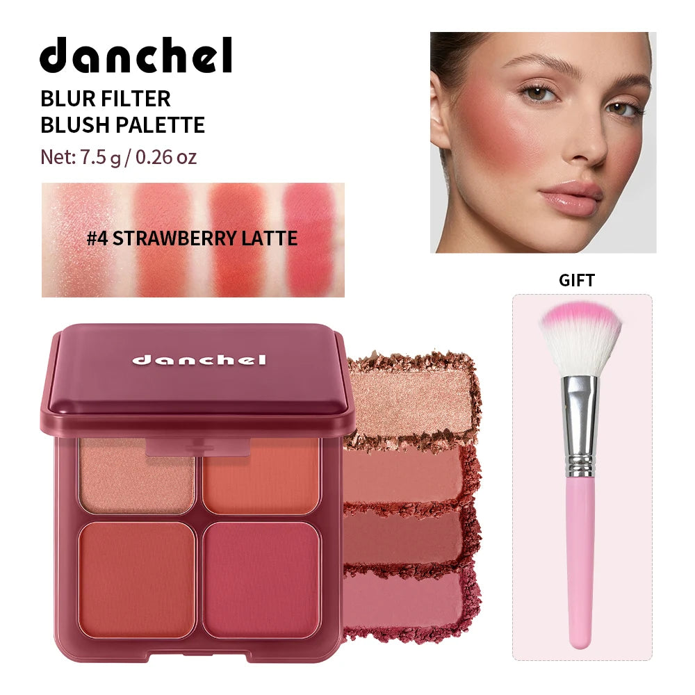 4-Color Matte Blush Palette with Makeup Brush - 21