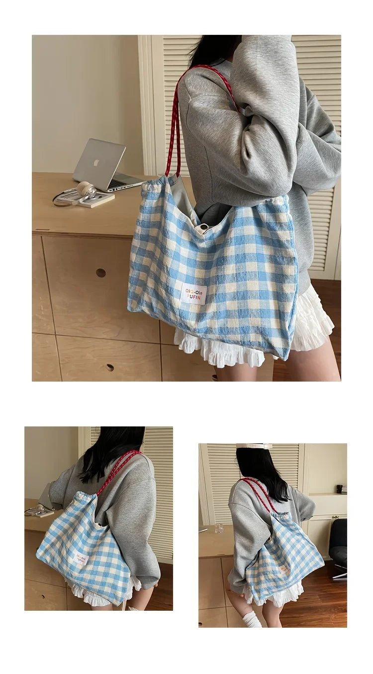 Versatile Plaid Shoulder Tote Bag for Commuter and Leisure - 16