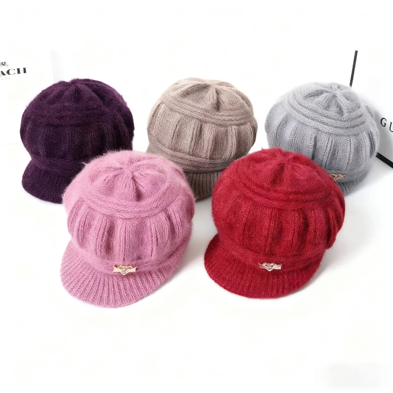 Warm Knitted Winter Hat with Brim for Women
