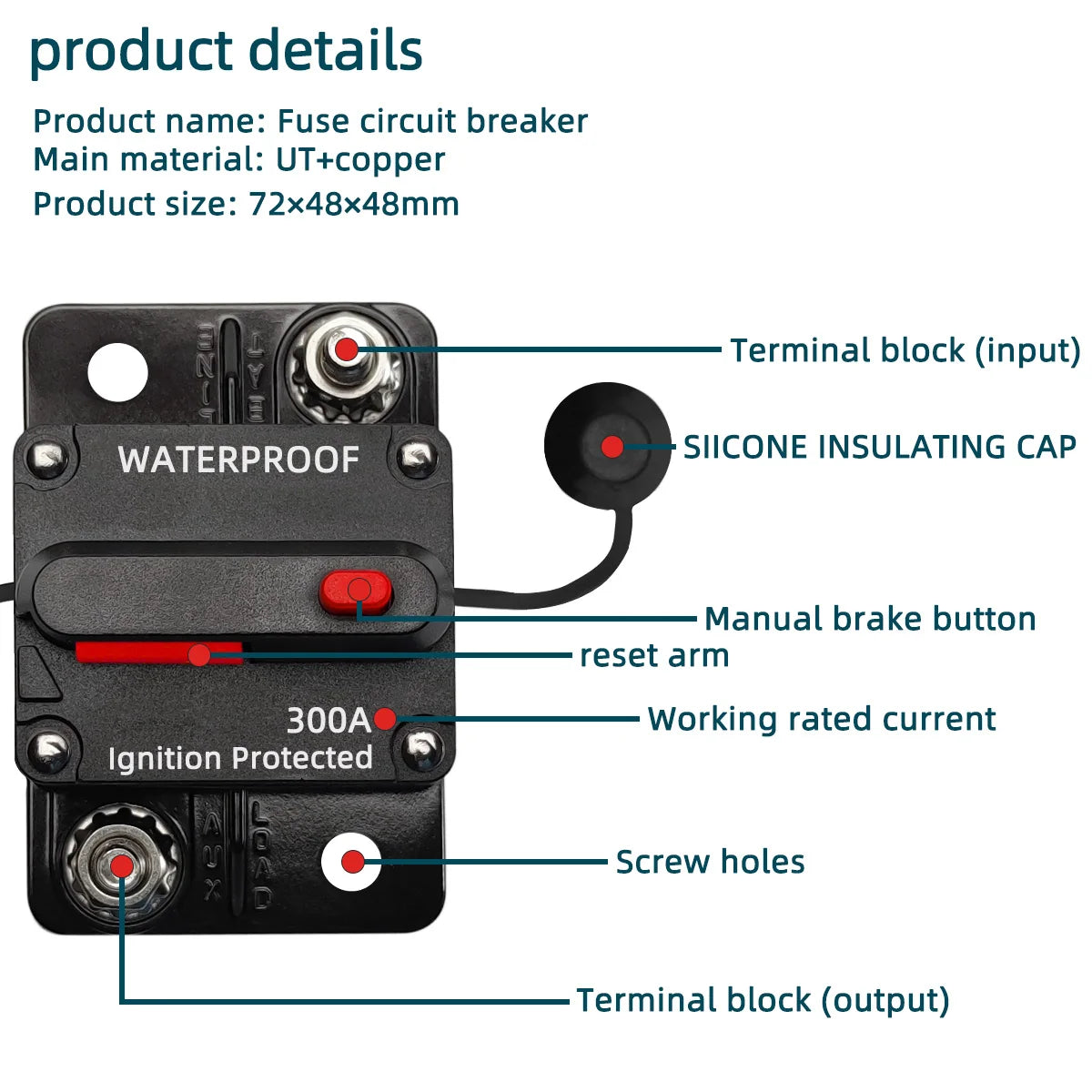 12V-48V DC Waterproof Circuit Breaker Manual Reset Fuse for Car Marine - 3