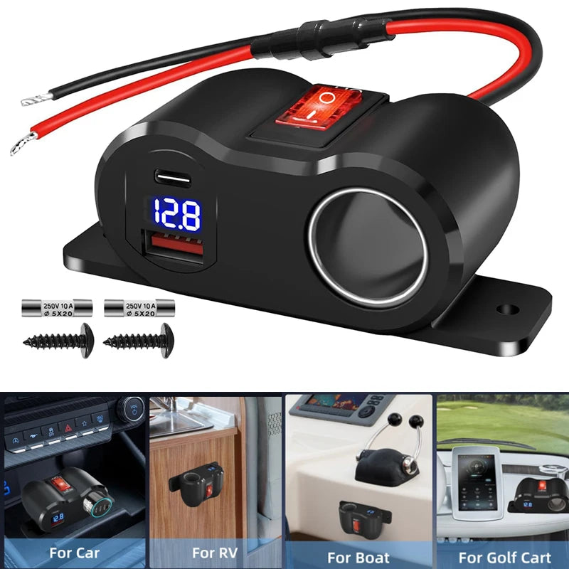 12V USB Car Charger Adapter PD3.0 QC3.0 Cigarette Lighter Socket Splitter - 1