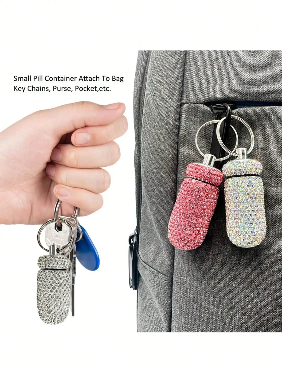 Waterproof Rhinestone Keychain Pill Holder Case