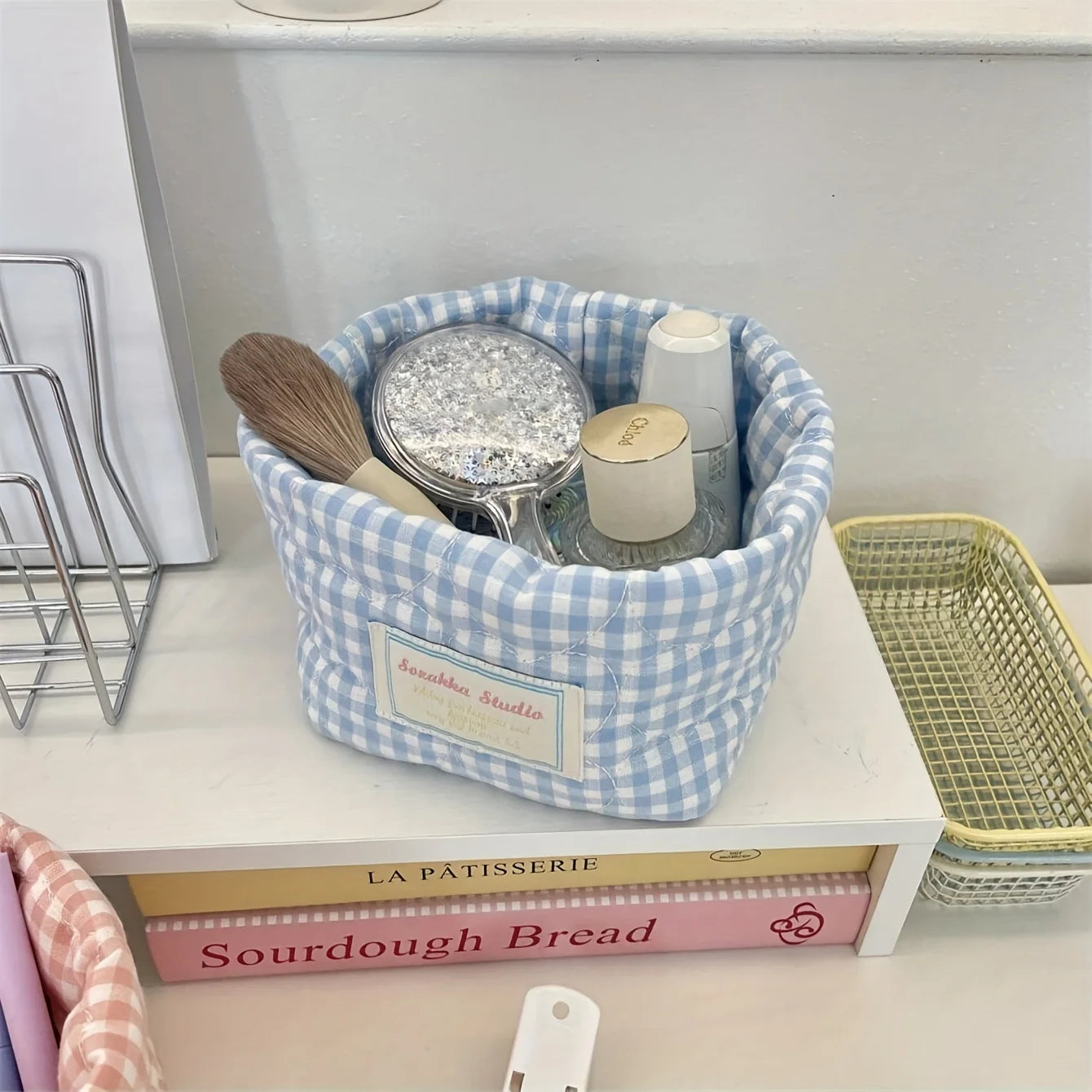 Foldable Plaid Quilted Desktop Storage Basket - 4