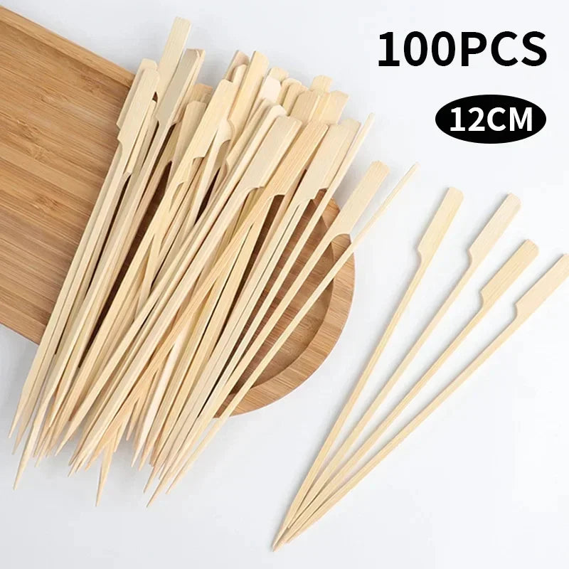 100Pcs Disposable Bamboo Skewers Natural BBQ Sticks and Cocktail Picks