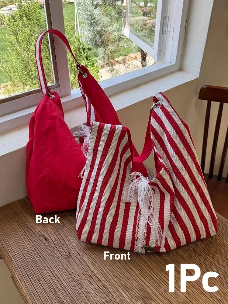 Double-Sided Reversible Tote Bag with Lace Bow