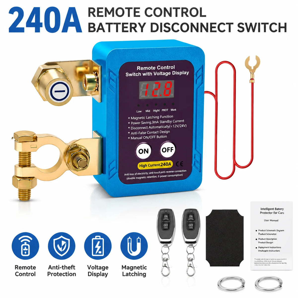 Remote Battery Disconnect Switch 12V 24V Car Kill Switch Voltage Display