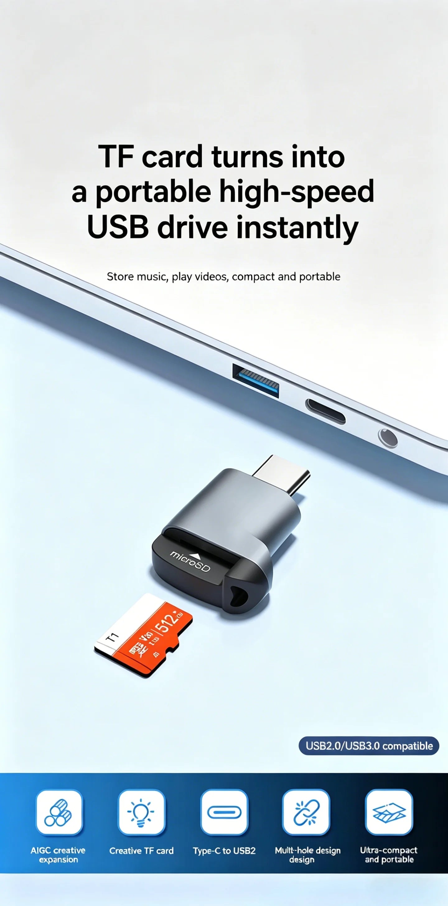 Compact USB-C External TF Memory Card Reader for Smartphones and Laptops - 7