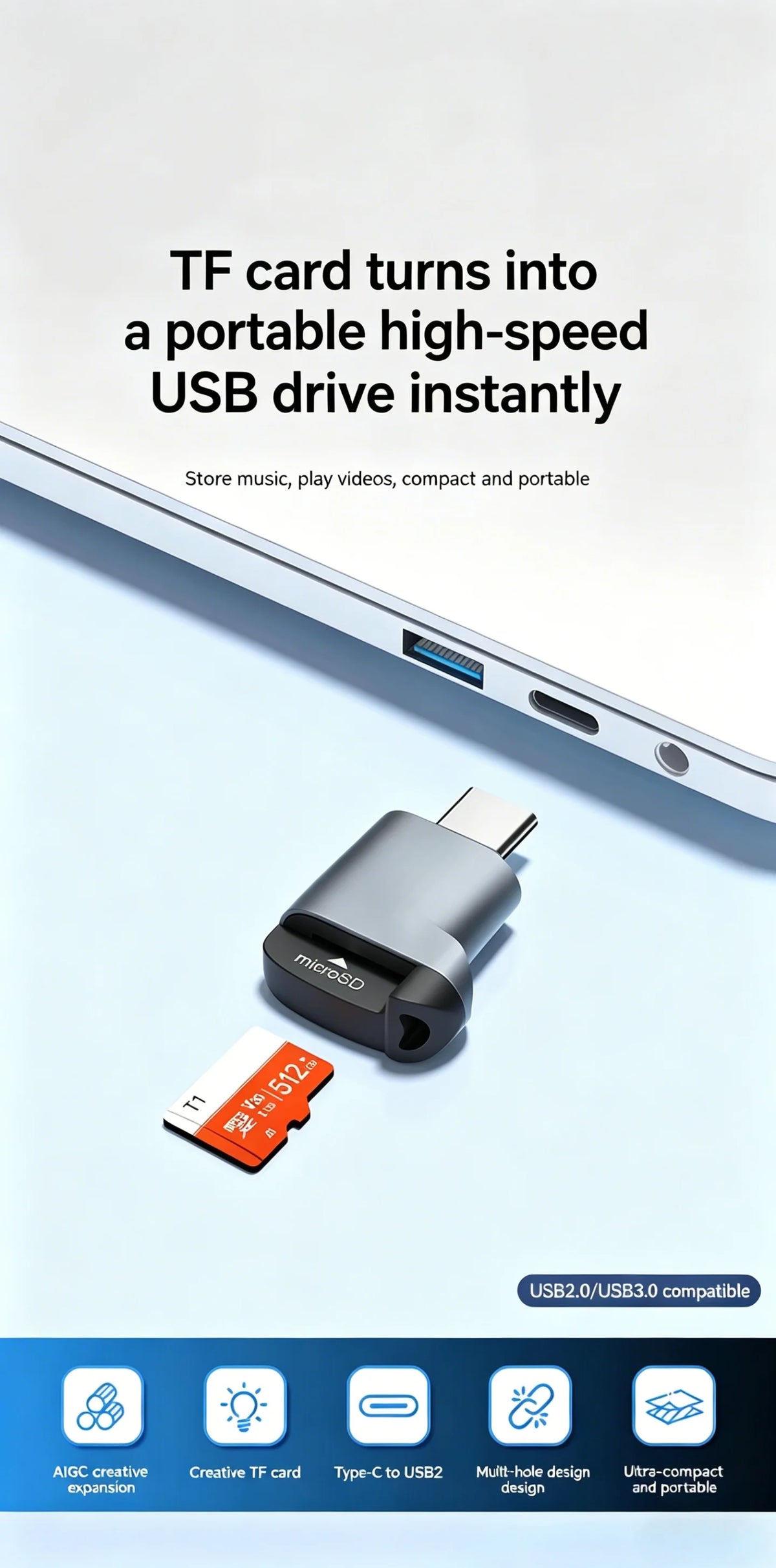 Compact USB-C External TF Memory Card Reader for Smartphones and Laptops