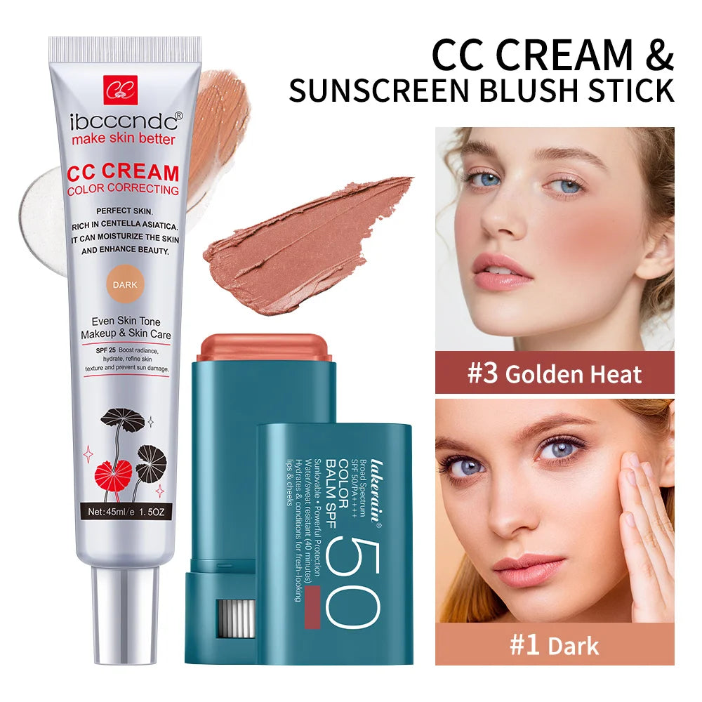 Color Correcting CC Cream and Sunscreen Blush Stick Set