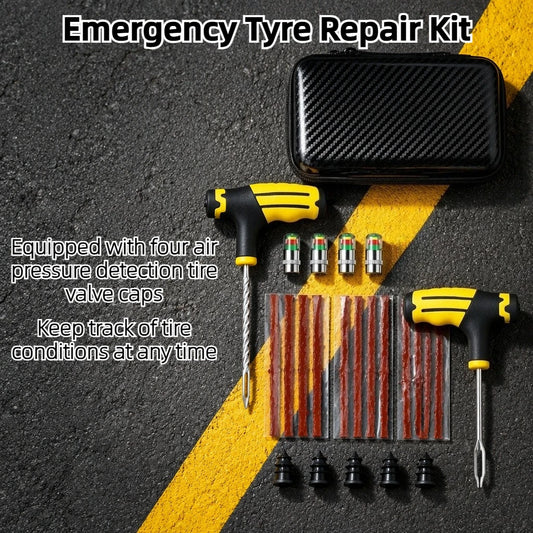 Emergency Tubeless Tire Puncture Repair Kit with Pressure Valve Caps
