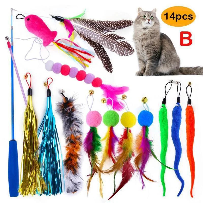 Interactive Cat Feather Toy Set with Telescopic Wand and 10 Attachments - 14
