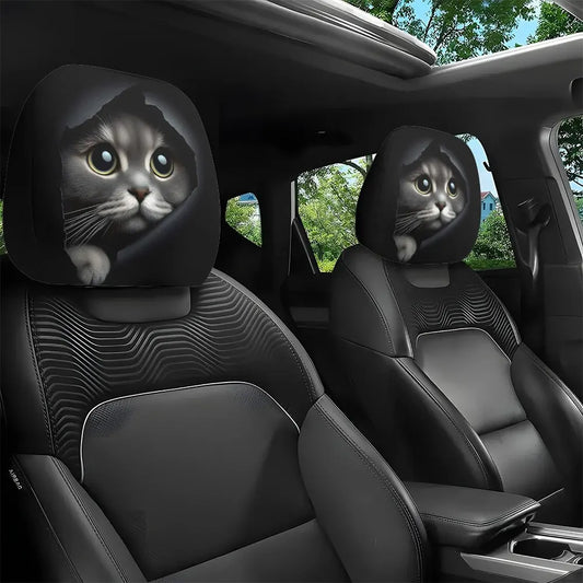 Cute Cat Print Car Headrest Cover Set
