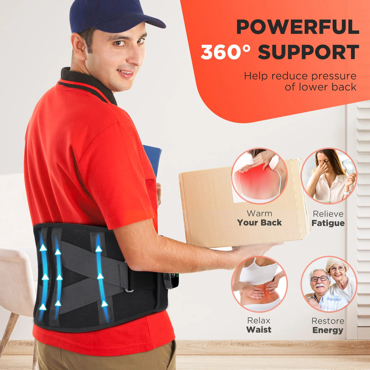 Cordless Lower Back Massager Belt with Heat and Red Light Therapy